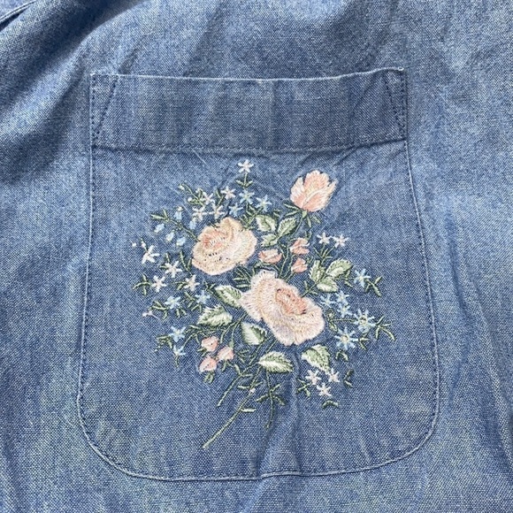 Vintage Eddie Bauer Cottagecore Denim Floral Button Front Short Sleeve Dress - Picture 6 of 10